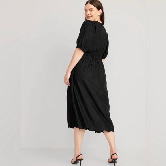 Old Navy Eyelet Puff Sleeve Midi Swing Dress Womens Large Black Prairie Romantic - Picture 5 of 11